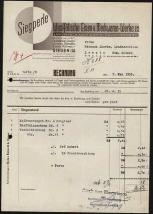 Firmenbriefköpfe Siegperle, Westfälische Eisen- und Blechwaren - Werke G.M.B.H.