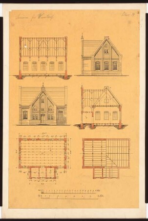 Lehrerseminar, Wunstorf: 2. Entwurf: Turnhalle: Grundriss EG, Balkenlage, Aufriss Vorderseite, Aufrisse Giebelseite, Längsschnitt, Querschnitt