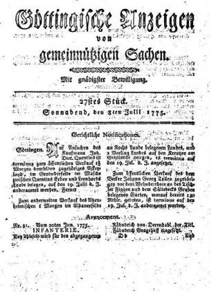 27stes Stück. Sonnabend, den 8ten Julii 1775.