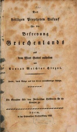 Der heiligen Propheten Aufruf für die Befreyung Griechenlands aus dem Wort Gottes enthoben