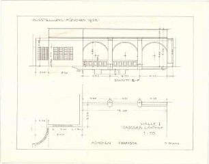 Pfann, Paul; München - Theresienhöhe; Ausstellung München 1908 - Halle I., Großer Lichthof (Teilgrundriss); Wand (Schnitt)