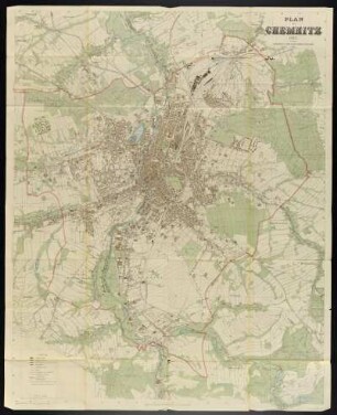 Plan von Chemnitz , 1: 10 000, Lithographie, 1912 : Plan von Chemnitz / bearb. v. Stadtbauamt. - 15. Aufl. - 1:10 000. - Leipzig : Giesecke u. Devrient, 1912. - 1 Kt. : mehrfarb. Lithogr. ; 87 x 109 cm +++ Mit Straßenverz. und Gebäudekennung