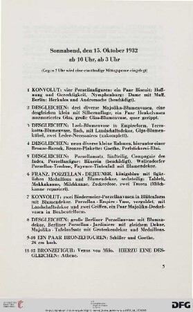 Sonnabend, den 15. Oktober 1932 ab 10 Uhr, ab 3 Uhr (Nr. 1-628)