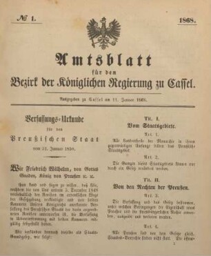 № 1. Ausgegeben zu Cassel am 11. Januar 1868.