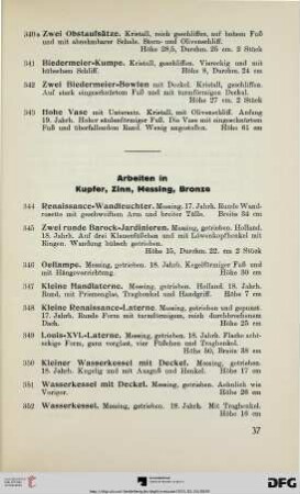 Arbeiten in Kupfer, Zinn, Messing, Bronze (Nr. 344-450)