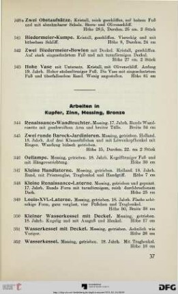Arbeiten in Kupfer, Zinn, Messing, Bronze (Nr. 344-450)