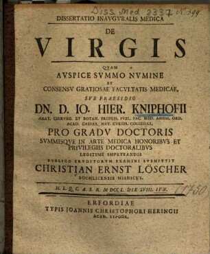 Dissertatio Inavgvralis Medica De Virgis