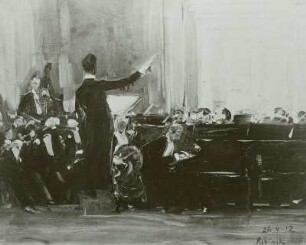Konzert in Ribinsk : Sterl, Robert: Studie "Konzert in Ribinsk" (Der Dirigent Sergei Kussewitzky und Alexander Skrjabin als Pianist). 26.04.1912, zweite Wolgatournee mit Sergej Kussewitzky. Öl auf Leinwand, bezeichnet und datiert.; 87 x 44 cm. Reproduktion