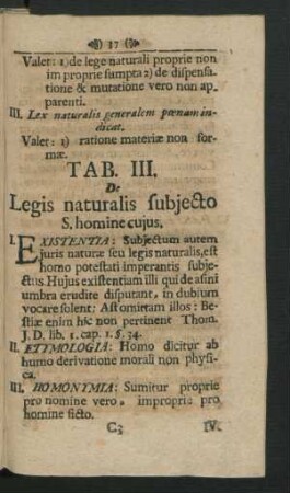 Tab. III. De Legis naturalis subiecto S. homine cuius.