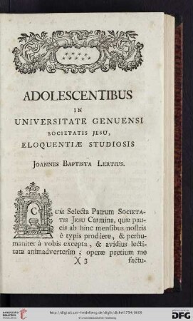 Adolescentibus in Universitate Genuensi Societatis Jesu, Eloquentiae Studiodis