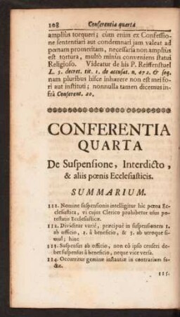 Conferentia Quarta De Suspensione, Interdicto, & aliis poenis Ecclesiasticis