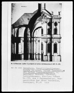 Neresheim, halber Querschnitt und Fassadenentwurf der Benediktinerklosterkirche Heilig Kreuz, Sankt Ulrich und Afra