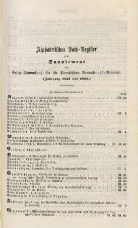 Alphabetisches Sach-Register zum Supplement der Gesetz-Sammlung für die Preußischen Verwaltungs-Beamten (Jahrgang 1853 und 1854)