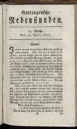 15. Woche. Den 12. April, 1777