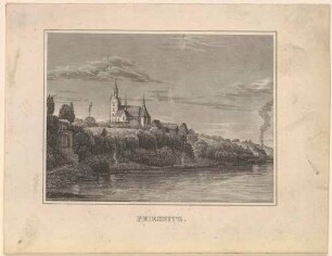 Blick vom linken Elbufer auf die Kirche in Briesnitz bei Dresden, aus Schiffners Beschreibung von Sachsen um 1840