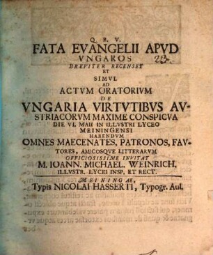 Fata evangelii apud Ungaros : [progr.]