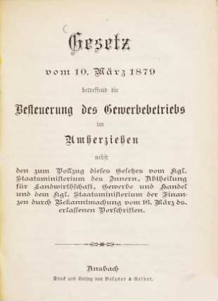 Gesetz vom 10. März 1879 betreffend die Besteuerung des Gewerbebetriebs im Umherziehen ...