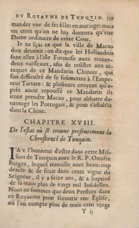 Chapitre XVIII. De l'estat où se trouve presentement la Chrestienté de Tunquin