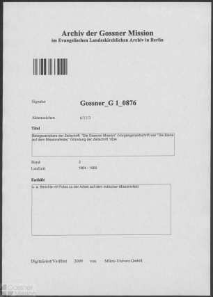 Belegexemplare der Zeitschrift: "Die Gossner Mission" (Vorgängerzeitschrift war