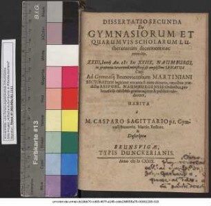 Dissertatio Secunda De Gymnasiorum Et Quarumvis Scholarum Lutheranarum decrementis ac remediis
