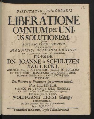 Disputatio Inauguralis De Liberatione Omnium per Unius Solutionem