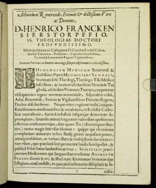 Admodum Reverendo, Eximio & doctißimo Viro ac Domino, D. Henrico Francken [...]