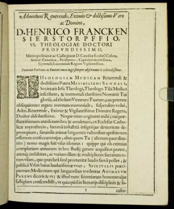 Admodum Reverendo, Eximio & doctißimo Viro ac Domino, D. Henrico Francken [...]