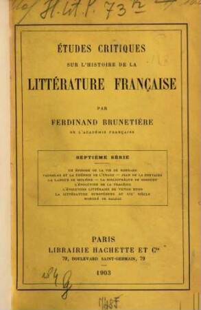 Études critiques sur l'histoire de la littérature française. VII