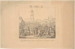 Das Aufziehen der Glocken in der Kirche in Schönefeld (Leipzig-Schönefeld) im Nordosten von Leipzig mit einer Menschenmenge am 21. August 1839, Randeinfall mit Soldaten und fressenden Schweinen