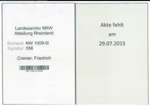 Entnazifizierung Friedrich Cremer , geb. 09.09.1909 (Tierarzt)