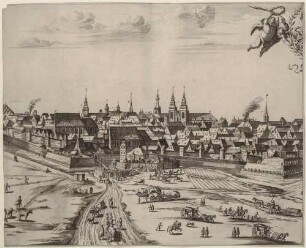 Panorama-Stadtansicht von Breslau in Schlesien (Wrocław in Polen), Teil 2 mit dem Rathaus, der kaiserlichen Burg, der Agneskirche, der Mattheus- und Maria-Magdalena-Kirche sowie dem linken Teil der Wappenkartusche