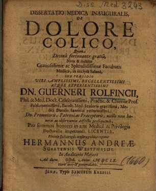 Dissertatio Medica Inauguralis, De Dolore Colico