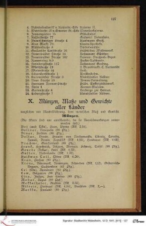 X. Münzen, Maße und Gewichte aller Länder verglichen mit Mark-Währung, dem metrischen Maß und Gewicht.