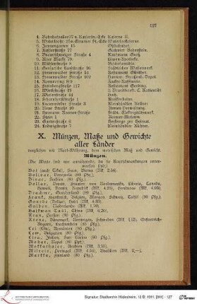 X. Münzen, Maße und Gewichte aller Länder verglichen mit Mark-Währung, dem metrischen Maß und Gewicht.