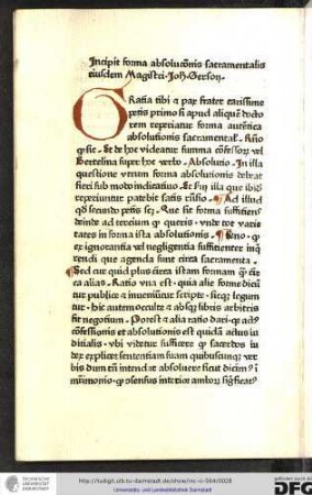 Incipit forma absolutionis sacramentalis eiusdem magistri Johannis Gerson.