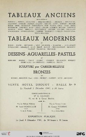 Tableaux anciens : par ou attribués à Bassano, ... ; tableaux modernes par Boggs, ... ; dessins, aquarelles, pastels par Bernard, ... ; sculpture par Carrier-Belleuse ; bronzes par Bennés, ... ; 5 décembre 1941