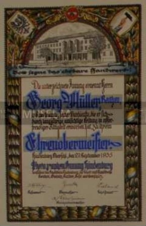 Ernennungsurkunde zum "Ehrenobermeister" der Photographeninnung Hindenburg