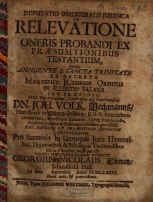 Disputatio inauguralis iuridica de relevatione oneris probandi ex praesumtionibus testantium