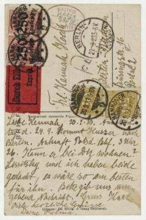 Postkarte von Kurt Schwitters [und Helma Schwitters] an Hannah Höch mit Abbildung: "V. Huszar. 1920. Mechanisch dansende Figuur". Hannover