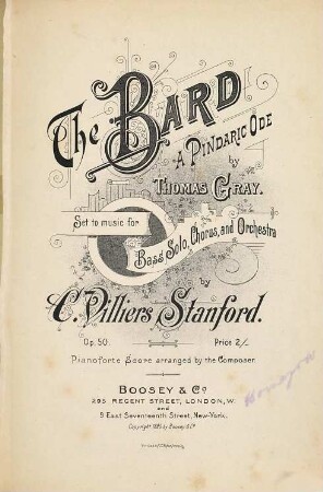 The bard : a Pindaric ode by Thomas Gray ; set to music for bass solo, chorus, and orchestra ; op. 50