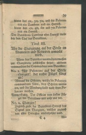 Titul III. Wie die Chargirung auf der Stelle im Avanciren und Retiriren gemacht wird