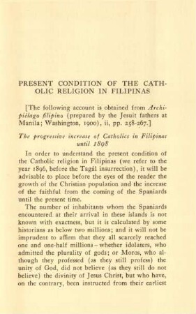 Present condition of the Catholic religion in Filipinas