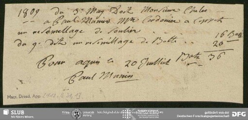 Rechnung von Unbekannt an August Wilhelm von Schlegel, o.O., 03.05.1809