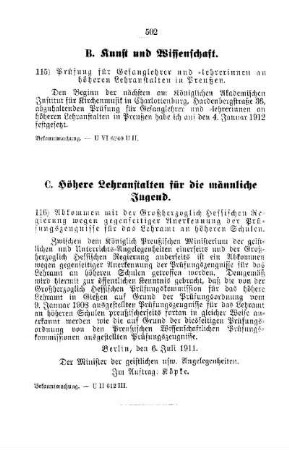 Prüfung für Gesanglehrer und -lehrerinnen an höheren Lehranstalten in Preußen : [B. Kunst und Wissenschaft]