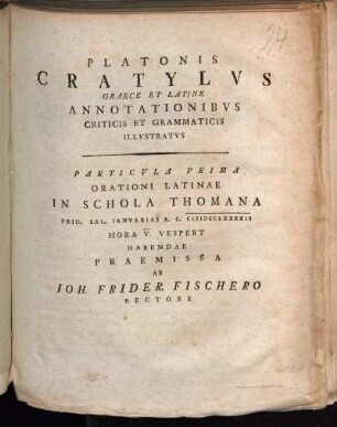 1: Orationi Latinae In Schola Thomana Prid. Kal. Ianvarias A.C. MDCCLXXXXII Hora V. Vespert Habendae Praemissa