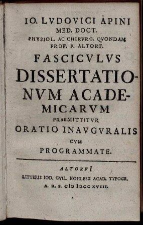 Jo. Ludovici Apini Med. Doct. ... Fasciculus Dissertationum Academicarum : Praemittitur Oratio Inauguralis ; Cum Programmate