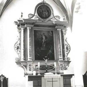 Colditz. Stadtkirche St. Ägidien. Altar. Holz, geschnitzt, gefaßt und bemalt (1598) Detail: Hauptgebäude "Christi Auferstehung" (Rahmen 1931). Wehme, Zacharias (Hauptgebäude) um 1558-1606