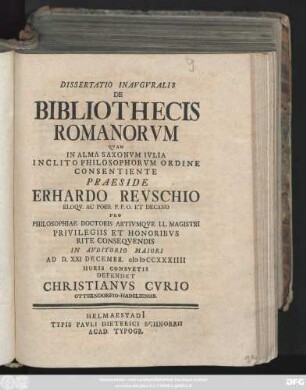 Dissertatio Inavgvralis De Bibliothecis Romanorvm
