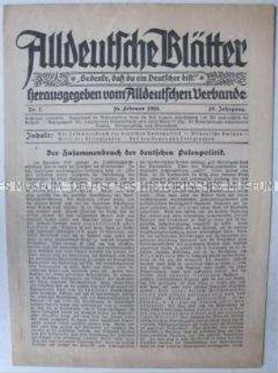 Mitteilungsblatt des Alldeutschen Verbandes u.a. über das Verhältnis zwischen Deutschland und Polen