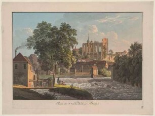 Die Ruine der Nicolaikirche in Bautzen im Norden der Stadt, Blick über die Spree mit der Hammermühle links